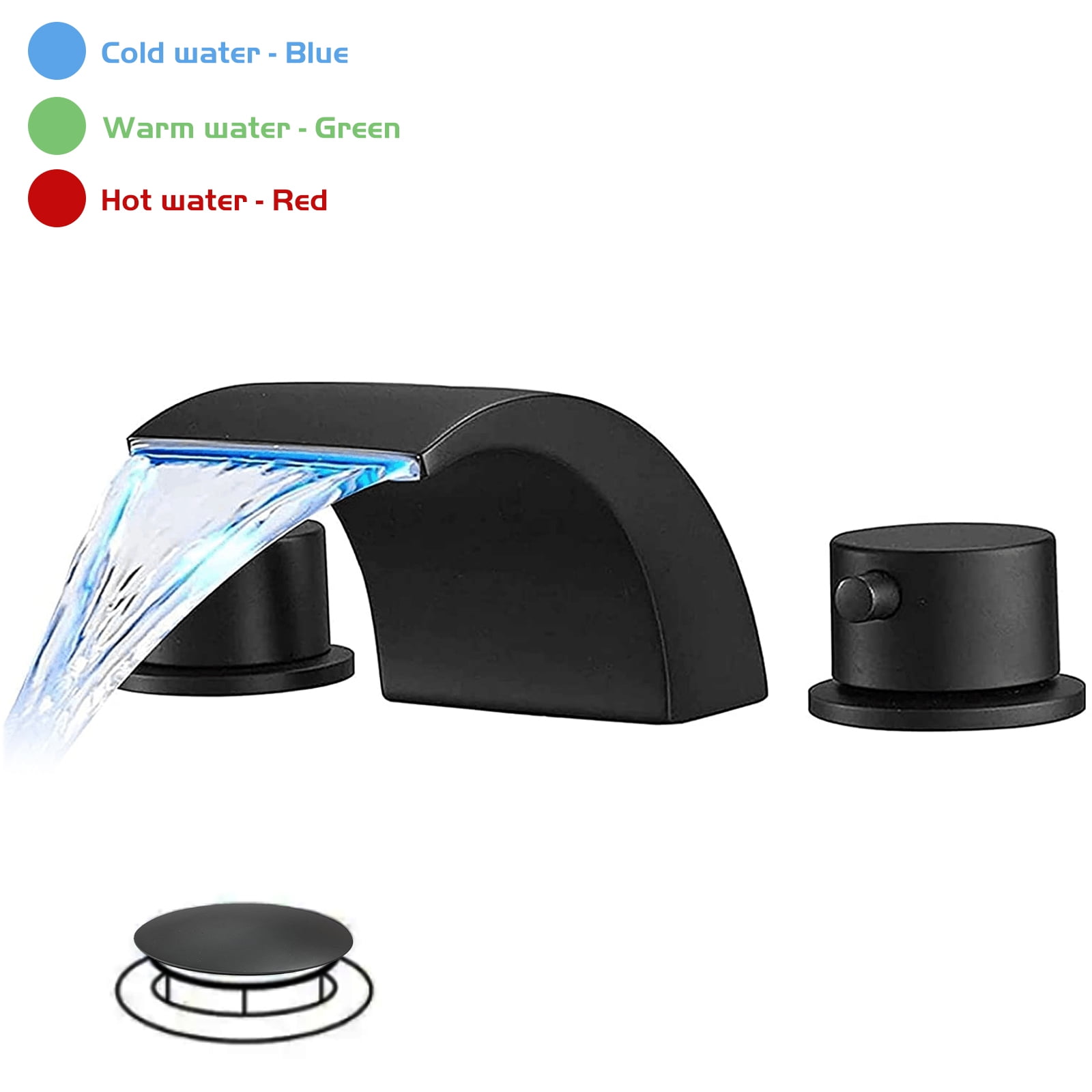 Matte Black Widespread Bathroom Faucet with LED Light and Pop Up Drain