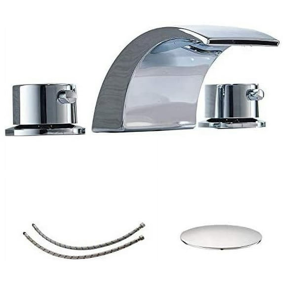 BWE Widespread Bathroom Faucet Polished Chrome 3 Holes with Pop Up Drain Assembly with Overflow and Supply Line Led Waterfall 8 Inch 2 Handles Bathroom Lavatory Sink Mixer Tap