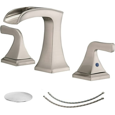 BWE Widespread Brushed Nickel Bathroom Faucet 3 Holes 8 inch with Pop Up Drain Stopper with Overflow and Supply Line Lead-Free 2-Handle Lavatory Vanity Sink Mixer Tap Square