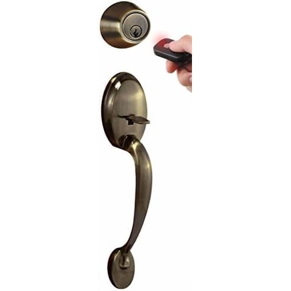 BWF-02AQ Digital Deadbolt Door Lock and Passage Handleset Combo with Keyless Entry via Remote Control for Exterior Doors, Antique Brass