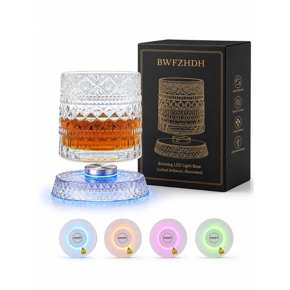 BWFZHDH Spinning Crystal Whiskey Glasses Set, Luxury 360° Rotating Bourbon Glass with LED Light Up Base