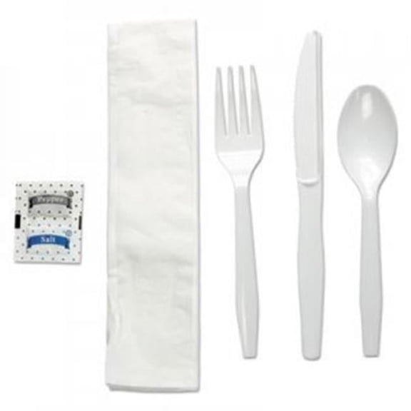BWK Six-Piece Mediumweight Polystyrene Utensil Cutlery Kit, Condiment & Fork & Knife & Napkin & Teaspoon, White