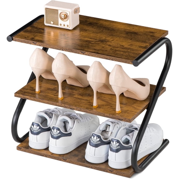 BWOORACKU 3 Tier Small Shoe Rack, S-Shaped Wood & Black Metal Organizer