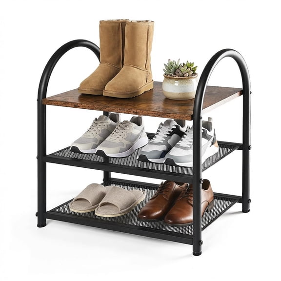 BWOORACKU 3 Tier Small Shoe Rack Organizer for Small Spaces, Narrow Shelf Shoes Rack, Rustic Brown Engineered Wood
