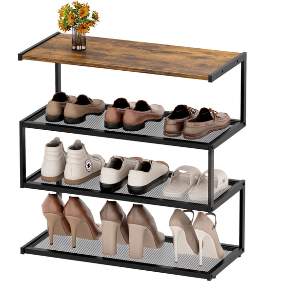 BWOORACKU 4 Tier Wood Top Shoe Rack, Rustic Brown & Black Metal Mesh Organizer