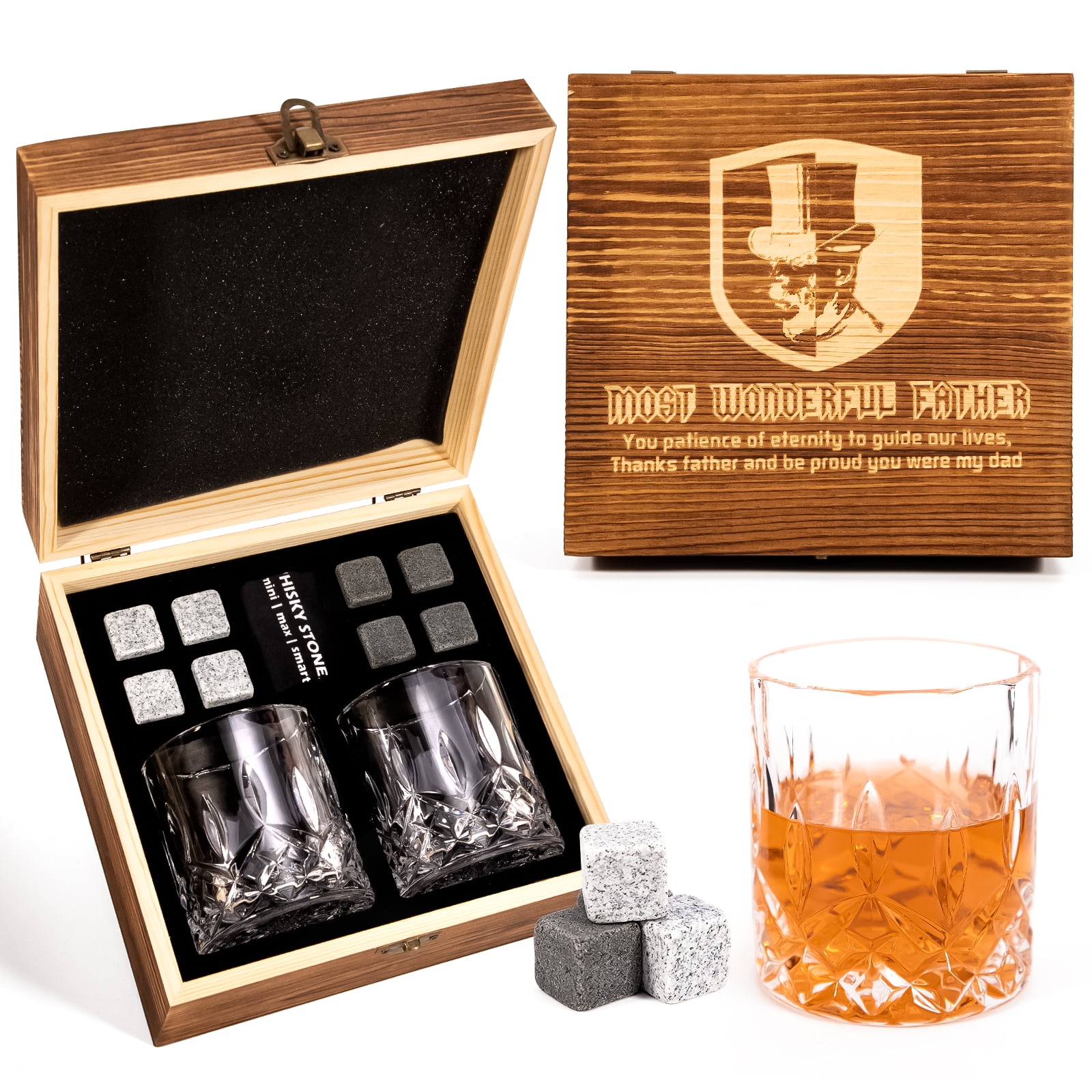 BWSJDGCJ Whiskey Stones and Glass Gift Set, Crystal Glass, for Father's Day, Engraved
