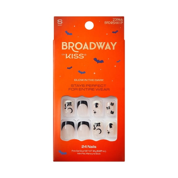 Broadway by Kiss Press On Nails Short, Spooky Sparkle, Black, Squoval, 24 Count