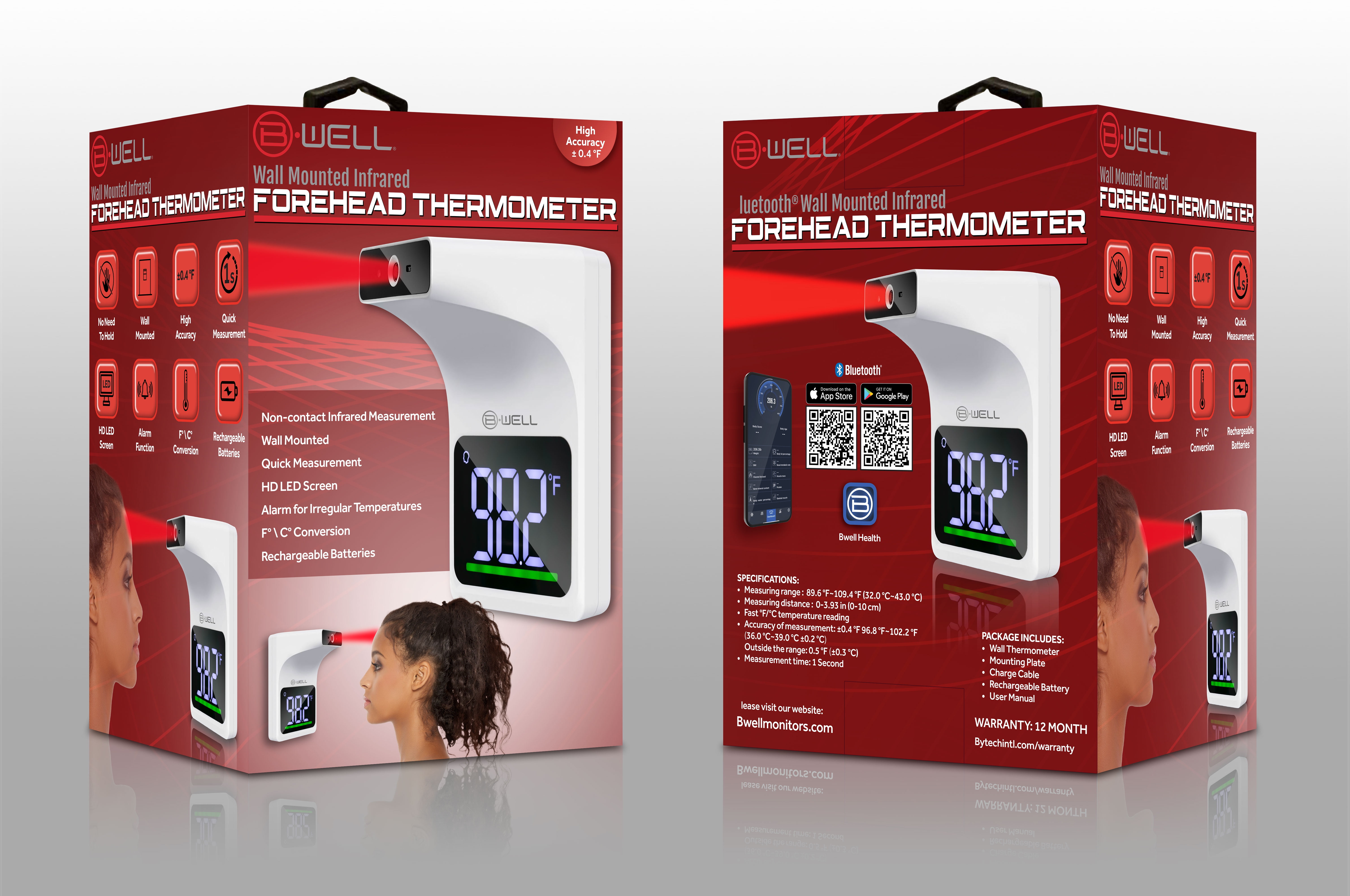 BWell Bluetooth Wall-Mounted Contactless Infrared Forehead Thermometer with Large LED Display, All Ages