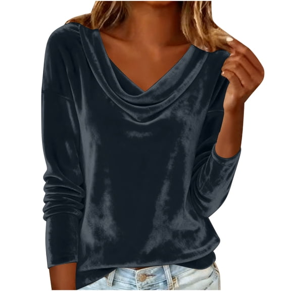 BXINGOHA Womens Long Sleeve Velvet Tops Collared Cross Wrap V Neck Ruched Trendy Dressy Casual Shirts Blouses Gray L