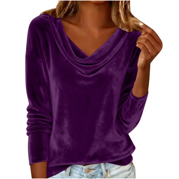 BXINGOHA Womens Long Sleeve Velvet Tops Collared Cross Wrap V Neck Ruched Trendy Dressy Casual Shirts Blouses Purple M