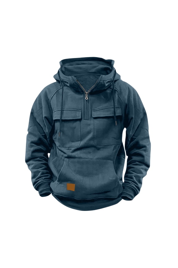 1/4 Zip Hoodies Sweatshirt for Men Solid Mult Pockets Cargo Sweatshirts Drawstring Long Sleeve Pullover Tops Athletic Hiking Jogging Shirts Blue,XXXL