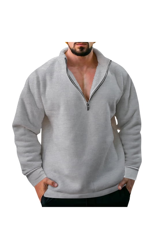 1/4 Zip Hoodless Sweatshirt For Men Fleece Comfy Pullover Shirts Solid Basic Mock Neck Long Sleeve Tops Fall Winter Outdoor Sweatshirt Gray,XL