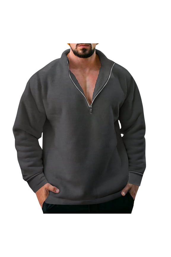 1/4 Zip Hoodless Sweatshirt For Men Fleece Comfy Pullover Shirts Solid Basic Mock Neck Long Sleeve Tops Fall Winter Outdoor Sweatshirt Today Dark Gray,S