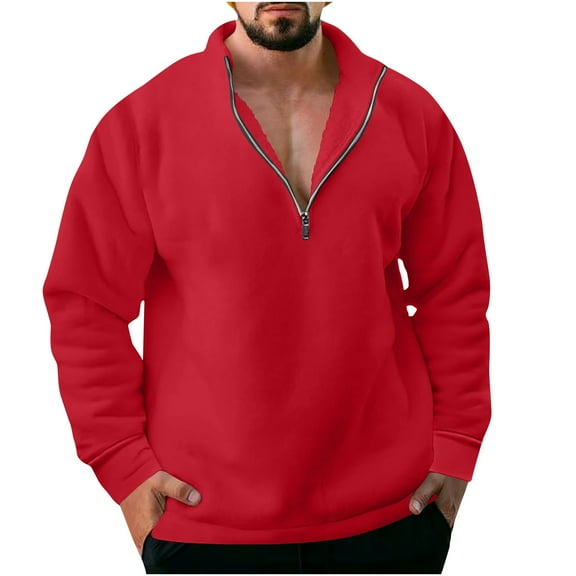 BXINGOHAI 1/4 Zip Hoodless Sweatshirt For Men Fleece Comfy Pullover Shirts Solid Basic Mock Neck Long Sleeve Tops Fall Winter Outdoor Sweatshirt Today Red,S
