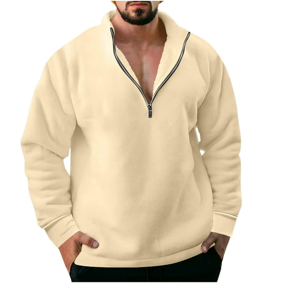 BXINGOHAI 1/4 Zip Hoodless Sweatshirt For Men Fleece Comfy Pullover Shirts Solid Basic Mock Neck Long Sleeve Tops Fall Winter Outdoor Sweatshirt Today Sales Beige,M