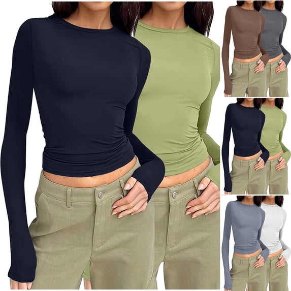 BXINGOHAI 2 Pack Women Crewneck Slim Fitted Short Sleeve T Shirts Cute Stretchy Basic Tee Tops Black,XL