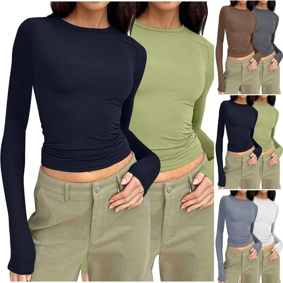 BXINGOHAI 2 Pack Women Crewneck Slim Fitted Short Sleeve T Shirts Cute Stretchy Basic Tee Tops White,XL