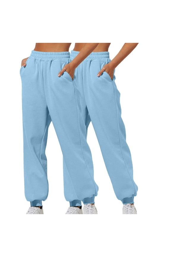 2 Pcs Women's Joggers Pants Solid Lounge Sweatpants Casual Drawstring Pants High Waist Athletic Sweatpant With Pockets Light Blue,S