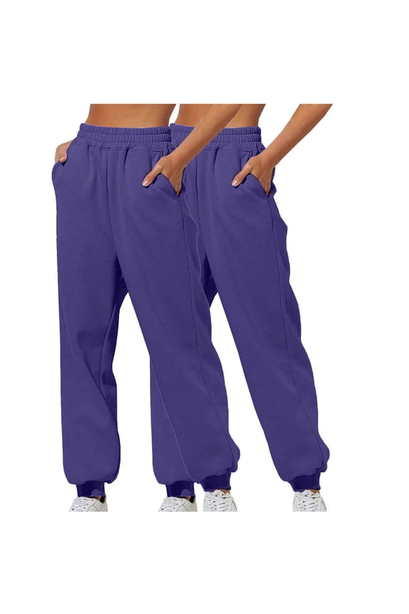 2 Pcs Women's Joggers Pants Solid Lounge Sweatpants Casual Drawstring Pants High Waist Athletic Sweatpant With Pockets Purple,S