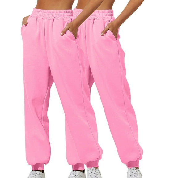 BXINGOHAI 2 Pcs Women's Joggers Pants Solid Lounge Sweatpants Casual Drawstring Pants High Waist Athletic Sweatpant With Pockets Pink,S
