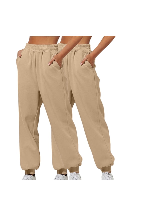 2 Pcs Women's Joggers Pants Solid Lounge Sweatpants Casual Drawstring Pants High Waist Athletic Sweatpant With Pockets Today Khaki,S