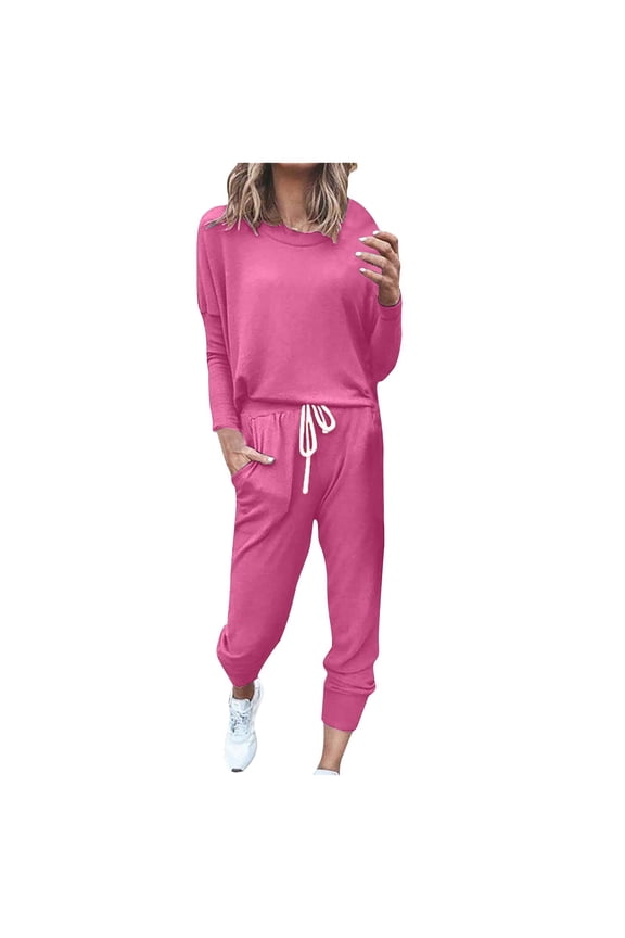2 Piece Sets for Women Casual Drawstring Outfits Long Sleeve Crewneck Shirts With Elastic Waistband Pants 2024 Athletic Running Set Sale Hot Pink,S