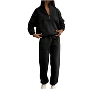 BXINGOHAI 2 Piece Sets for Women Fashionable Half Zip Sweatsuits Long Sleeve Pullover Sweatshirts With Drawstring Elastic Waistband Sweatpants 2024 Outdoor Jogging Set Black,M