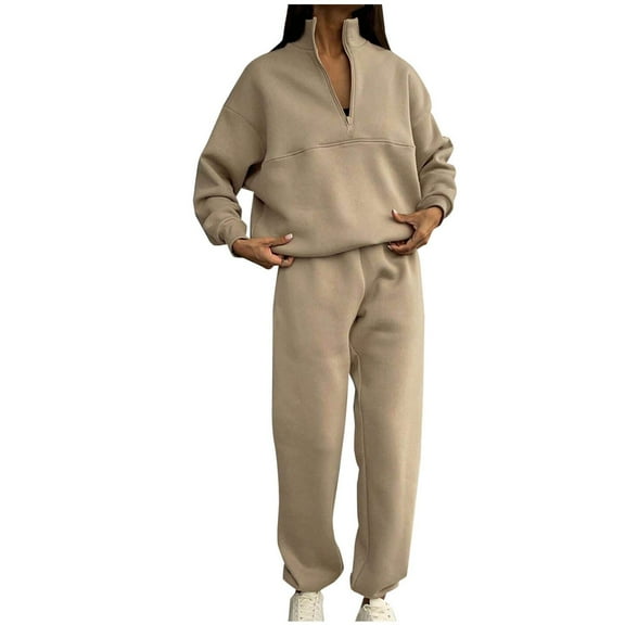 BXINGOHAI 2 Piece Sets for Women Fashionable Half Zip Sweatsuits Long Sleeve Pullover Sweatshirts With Drawstring Elastic Waistband Sweatpants 2024 Outdoor Jogging Set Khaki,M