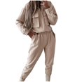 thumbnail image 1 of BXINGOHAI 2 Piece Sets for Women Front Pockets Long Sleeved Outfits Turndown Collar Tops and Elastic Waistband Pants Outdoor Streetwear Set Beige,L, 1 of 6