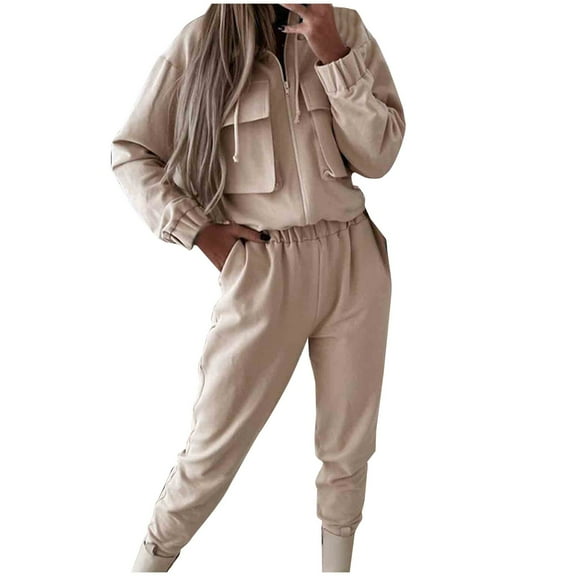 BXINGOHAI 2 Piece Sets for Women Front Pockets Long Sleeved Outfits Turndown Collar Tops and Elastic Waistband Pants Outdoor Streetwear Set Beige,L
