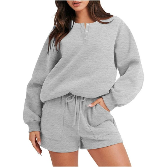 BXINGOHAI 2 Piece Sweatsuit for Women Long Sleeve Pullover Sweatshirts Casual Button Hoodies With Shorts Fashion Pyjama Outfits Today Gray,XXL