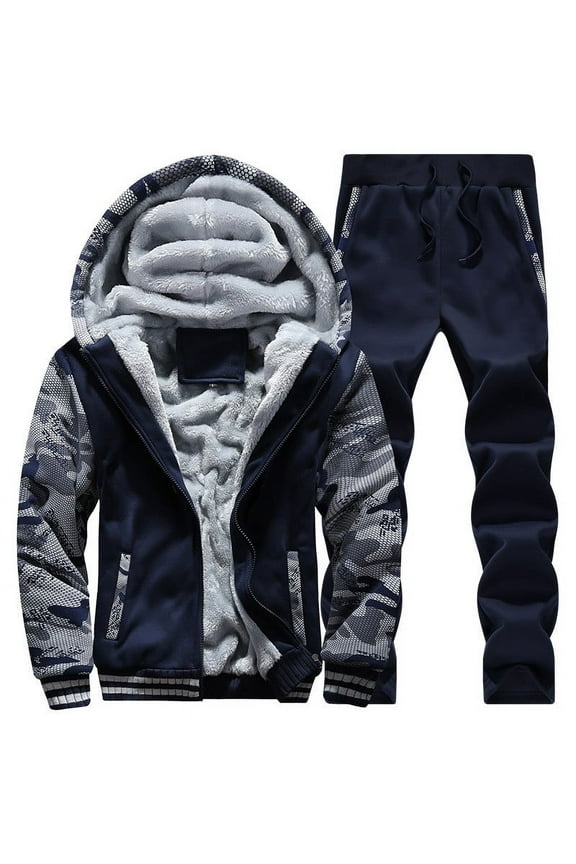 2 Pieces Fleece Sweatsuits For Men Winter Big And Tall Tracksuits Full Zip Up Hoodies Sweatshirts With Elastic Waist Sweatpants Outdoor Jogging Sports Outfits Today Dark Blue,M