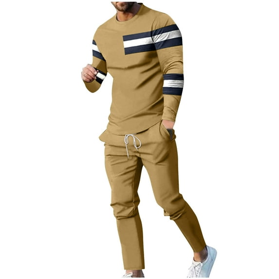 BXINGOHAI 2 Pieces Mens Big and Tall Sets Patchwork Long Sleeve Tracksuits Casual Crewneck Shirts and Drawstring Pants Match Set Outdoor Running Outfits Today Sales Coffee,L