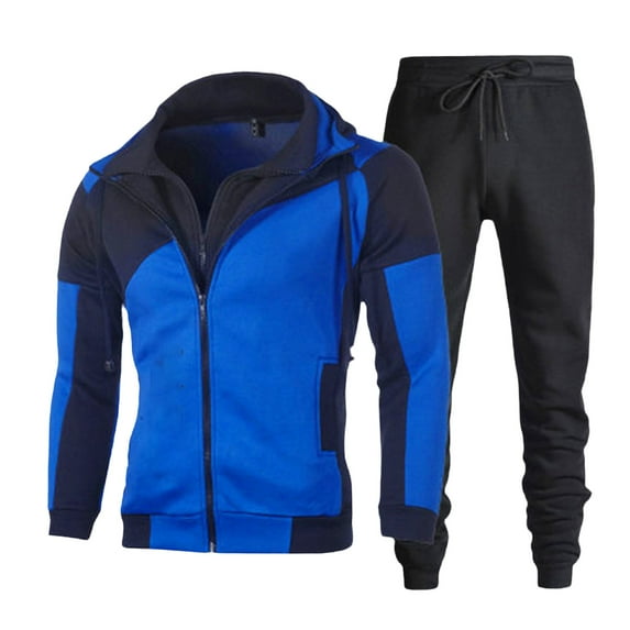 BXINGOHAI 2 Pieces Sweatsuits for Men Fashion Color Block Hoodies Tracksuit Full Zip Up Long Sleeve Sweatshirts With Drawstring Sweatpants 2024 Outdoor Jogging Outfits Sets Blue,XXXL