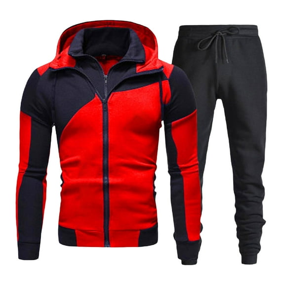 BXINGOHAI 2 Pieces Sweatsuits for Men Fashion Color Block Hoodies Tracksuit Full Zip Up Long Sleeve Sweatshirts With Drawstring Sweatpants 2024 Outdoor Jogging Outfits Sets Today Red,L
