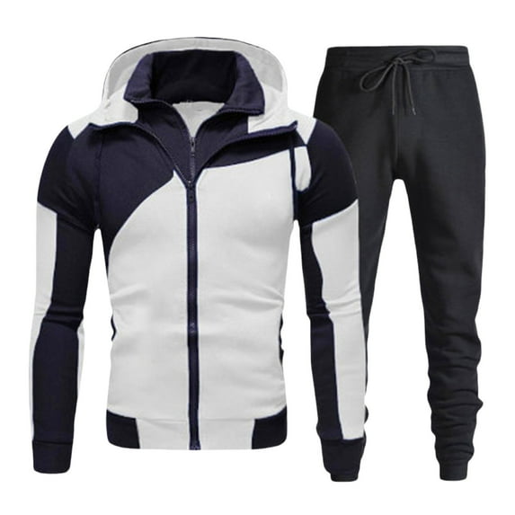 BXINGOHAI 2 Pieces Sweatsuits for Men Fashion Color Block Hoodies Tracksuit Full Zip Up Long Sleeve Sweatshirts With Drawstring Sweatpants 2024 Outdoor Jogging Outfits Sets White,XL