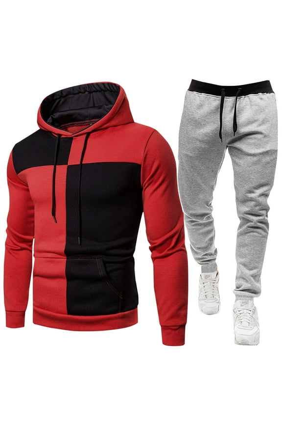2 Pieces Sweatsuits for Men Thin Fleece Tracksuit Color Block Long Sleeve Hoodies Sweatshirts and Drawstring Sweatpants Match Set Outdoor Running Workout Outfits Blue,XL