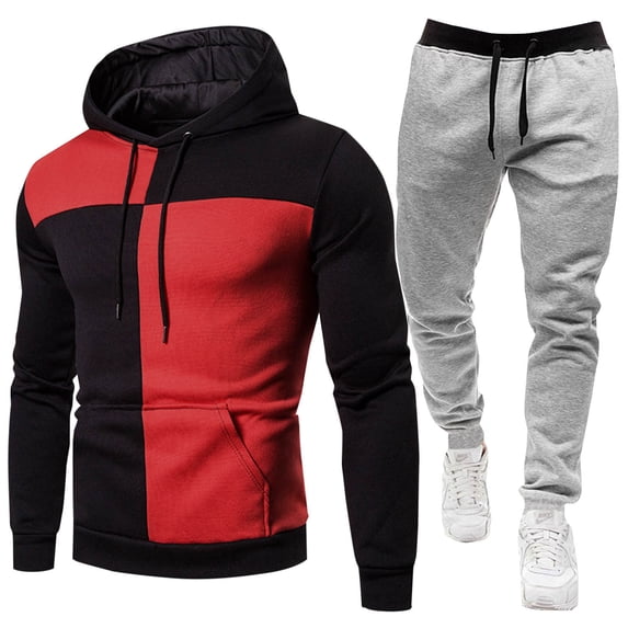 BXINGOHAI 2 Pieces Sweatsuits for Men Thin Fleece Tracksuit Color Block Long Sleeve Hoodies Sweatshirts and Drawstring Sweatpants Match Set Outdoor Running Workout Outfits Black,XXL