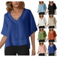 thumbnail image 1 of BXINGOHAI 3/4 Length Sleeve Womens Tops Summer V-Neck Blouses Spring Ruffle Sleeve Tunic T-Shirts Dressy Casual Beige,S, 1 of 6