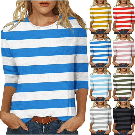 BXINGOHAI 3/4 Sleeve Tops for Women Contrast Crewneck Casual Shirts Three Quarter Length Loose Fit Blouses Today Sales S