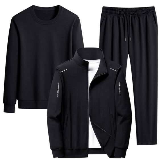 BXINGOHAI 3 Piece Tracksuits For Men Outdoor Sport Jogging Suit Big And Tall Full Zip Up Sweatsuits Solid Color Long Sleeve Crewneck Shirts And Elastic Waist Sweatpants Today Sales Black,XXXXXXL