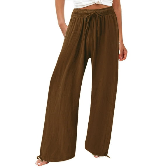 BXINGOHAI Baggy Pants for Women Oversized Solid Pants Drawstring Elastic Waist Pants Wide Leg Trousers Pants Today Sales Brown,L