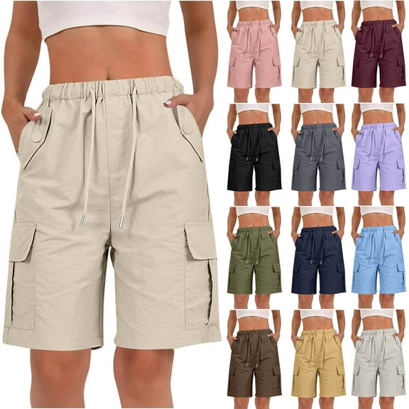 BXINGOHAI Bermuda Shorts for Women Summer Cargo Shorts with Pockets Outdoor Drawstring Knee Length Hiking Short Gray XL