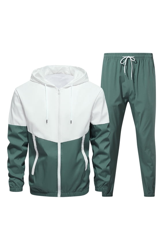 Big and Tall 2 Pieces Sweatsuits for Men Casual Patchwork Long Sleeve Tracksuit Full Zip Hooded shirts and Drawstring Sweatpants Athletic Running Outfit Green,XXL