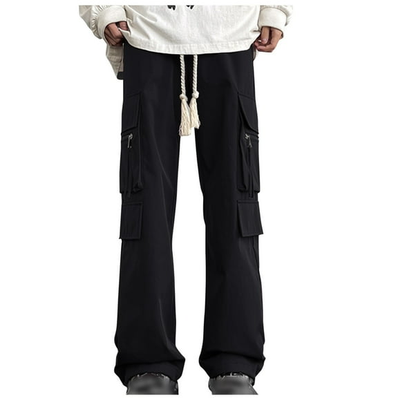 BXINGOHAI Big and Tall Men's Casual Cargo Pants Drawstring Stretch Baggy Pants With Zipper Pockets Solid Athletic Long Pants Elastic Waistband Workout Bottoms Today Sales Black,L