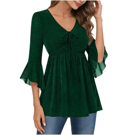 BXINGOHAI Blouses for Women Ruffle 3/4 Sleeve Dressy V Neck Casual Flowy Tunic Tops Green S