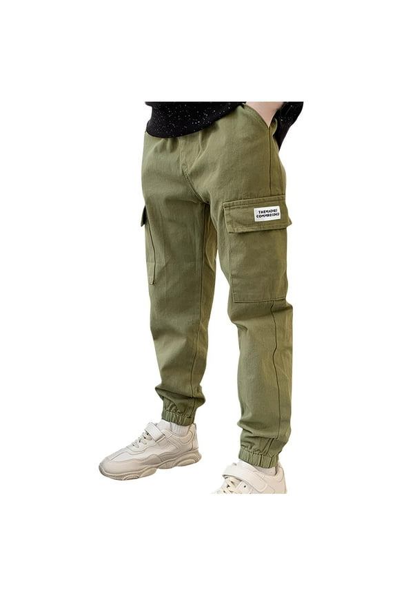 Boys Cotton Cargo Pants Childrens Slim Fit Work Pants Drawstring Elastic Waist Pant Pocket Casual Outwear Pants Today Army Green,10 Years