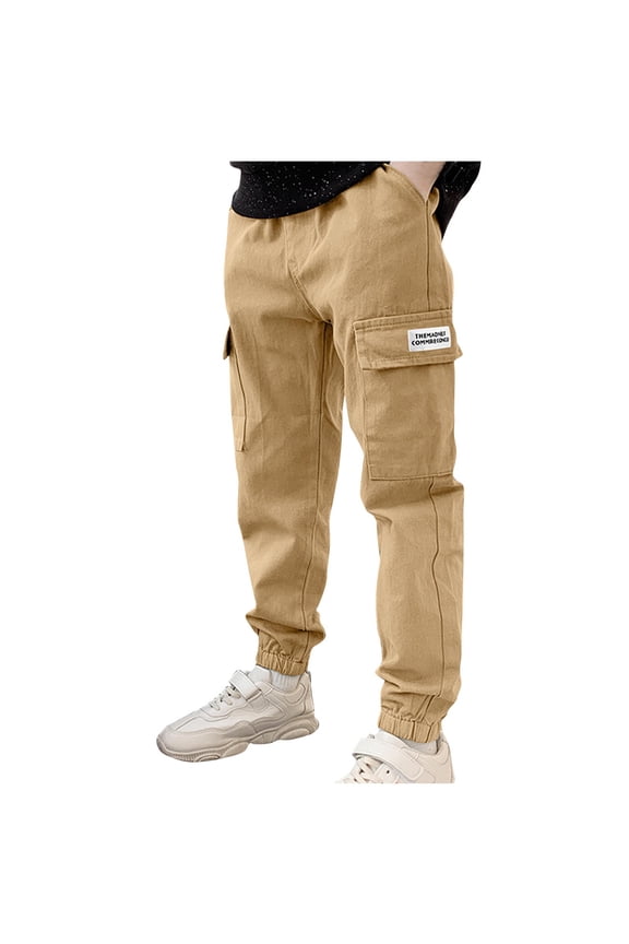 Boys Cotton Cargo Pants Childrens Slim Fit Work Pants Drawstring Elastic Waist Pant Pocket Casual Outwear Pants Today Khaki,9 Years