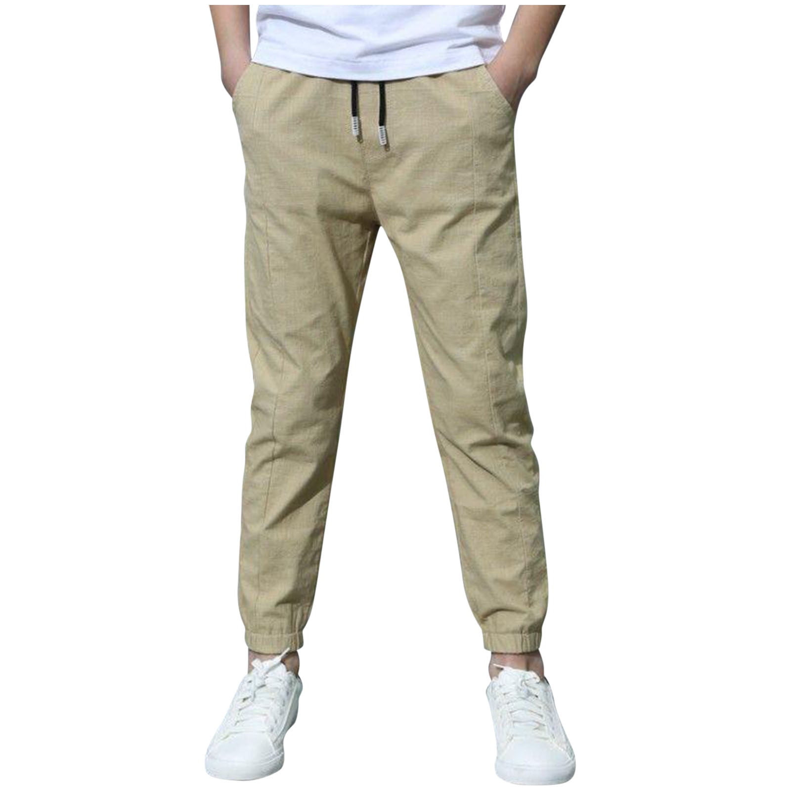 BXINGOHAI Boys Cotton Linen Pants Childrens Slim Fit Straight Leg Pants Drawstring Elastic Waist Pant With Pocket Casual Outwear Pants Today Sales Khaki,10 Years