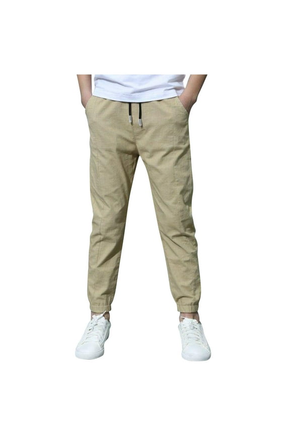 Boys Cotton Linen Pants Childrens Slim Fit Straight Leg Pants Drawstring Elastic Waist Pant With Pocket Casual Outwear Pants Khaki,9 Years